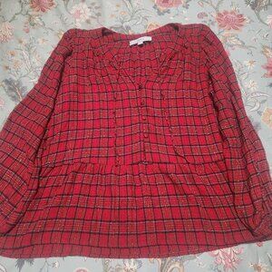 Loft Plaid Tie Neck Blouse Multi Color Size Medium